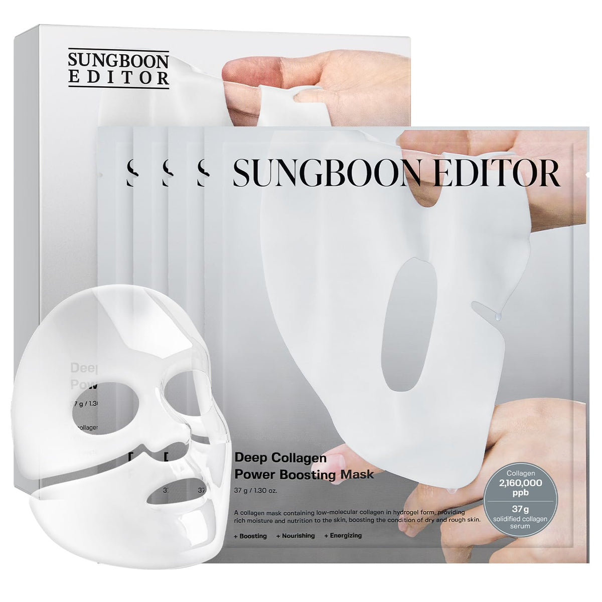 SUNGBOON EDITOR front packaging showing four mask boxes and clear benefits