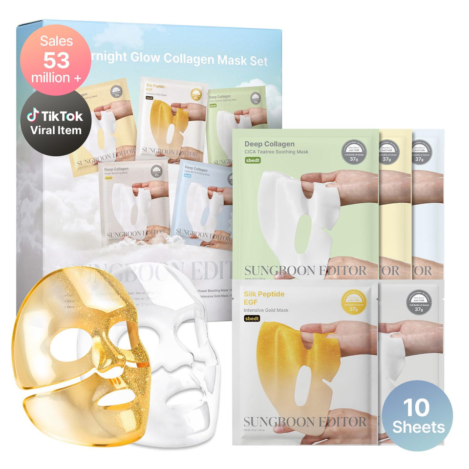 SUNGBOON EDITOR front packaging showing ten-piece overnight mask set and travel-friendly benefits