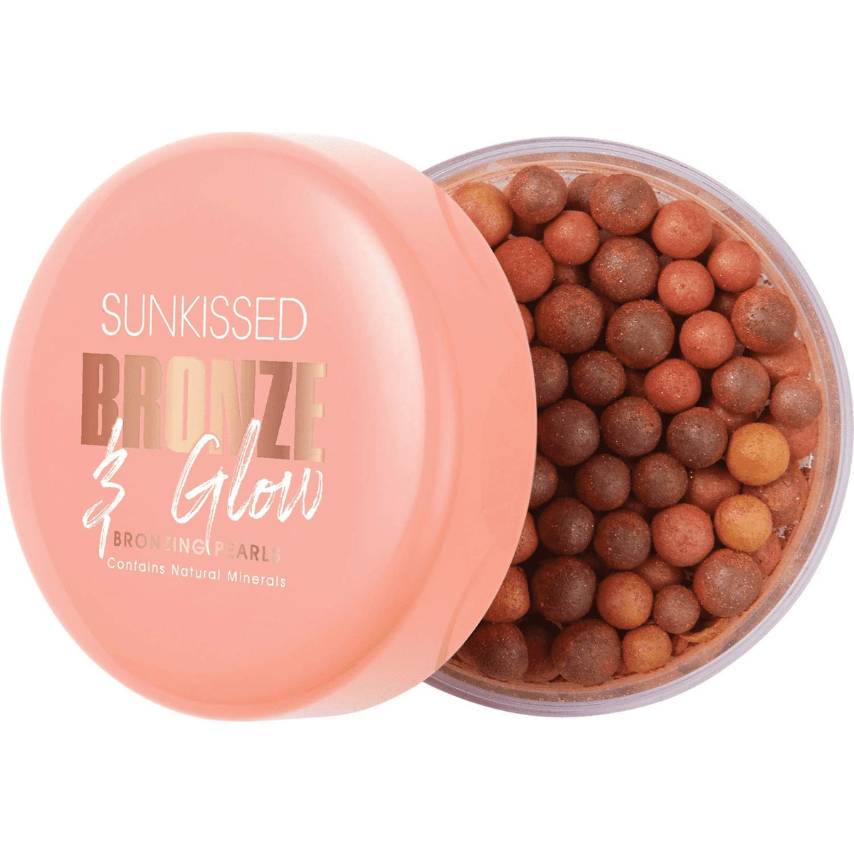 SUN KISSED jar of bronzing pearls open showing bronze glow and easy brush pickup