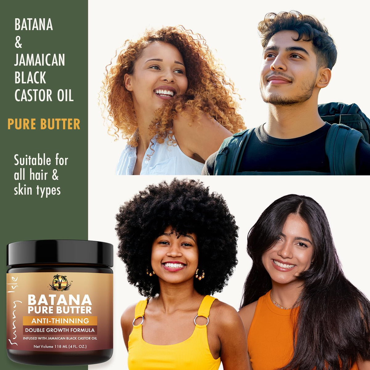 Sunny Isle ingredients display with Batana oil and castor oil for potent nourishment