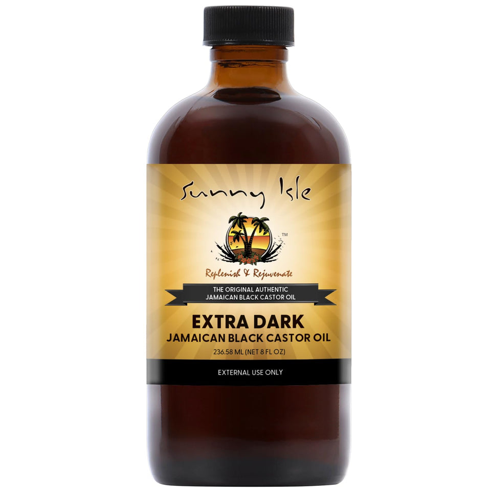 sunny isle front bottle view showing label and rich dark oil benefits
