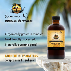 Sunny Isle bottle beside hand illustrating the 8oz size and long-lasting supply