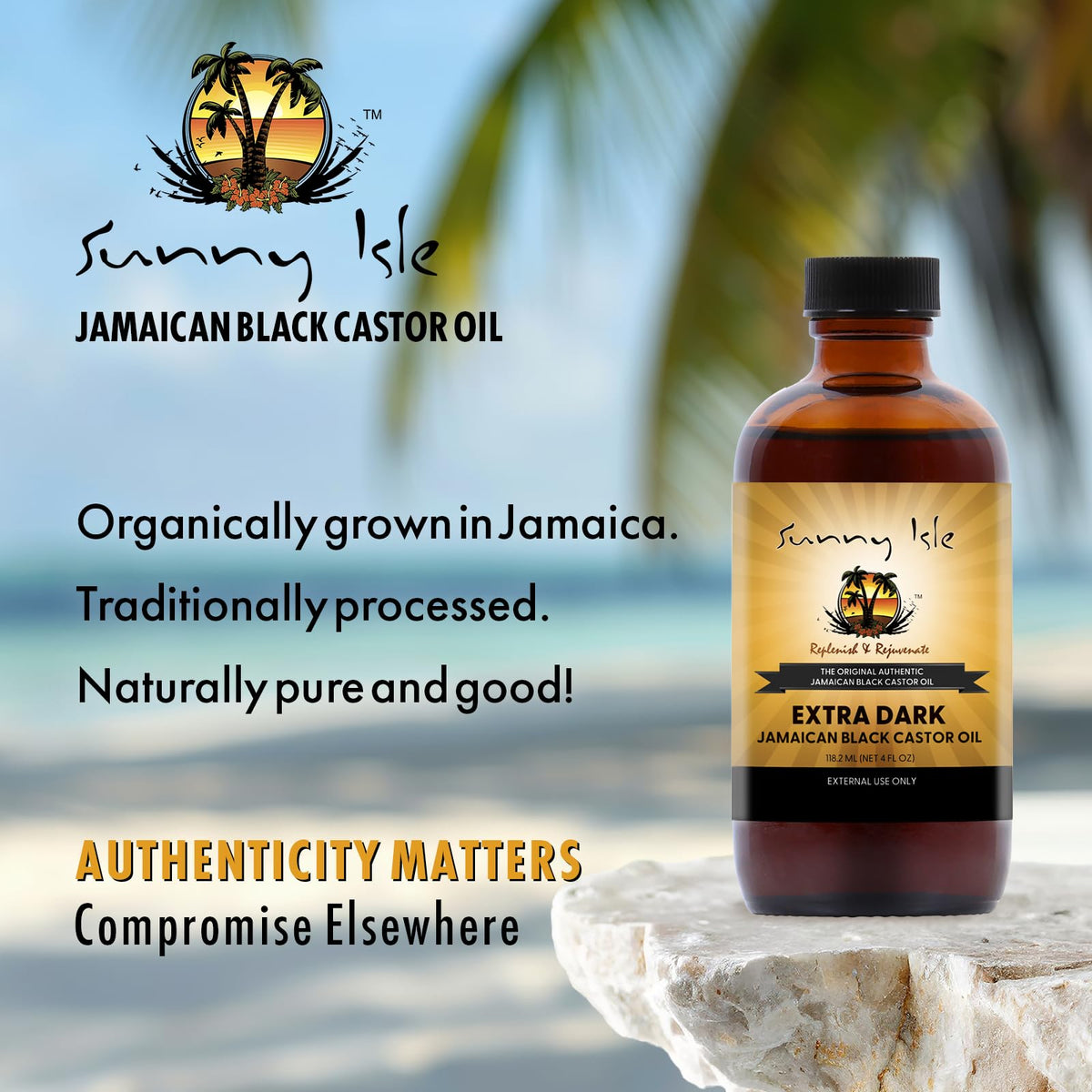 Sunny Isle 4oz bottle next to a ruler to show compact size and portability
