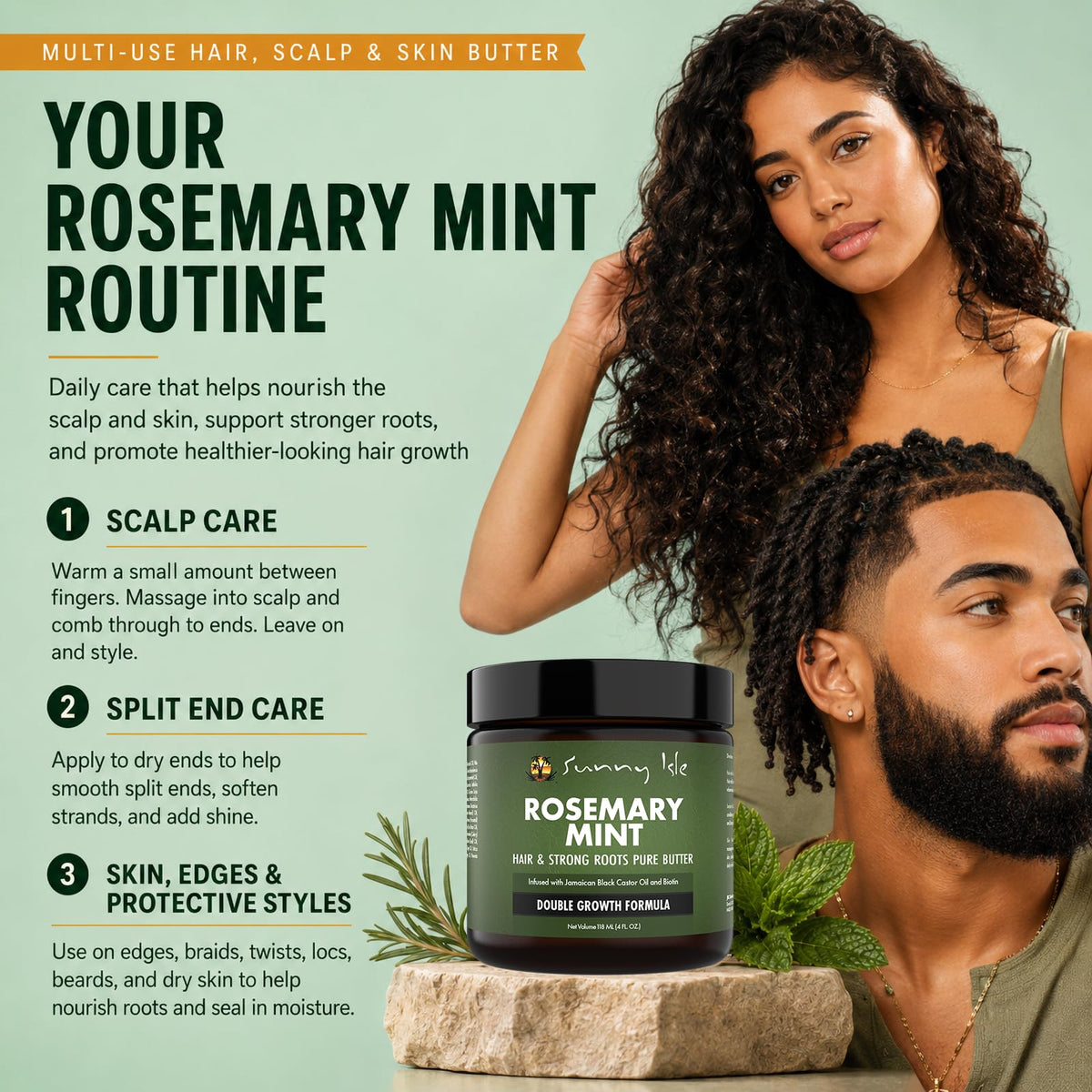 Sunny Isle demonstrating drop on scalp to soothe dryness and itch