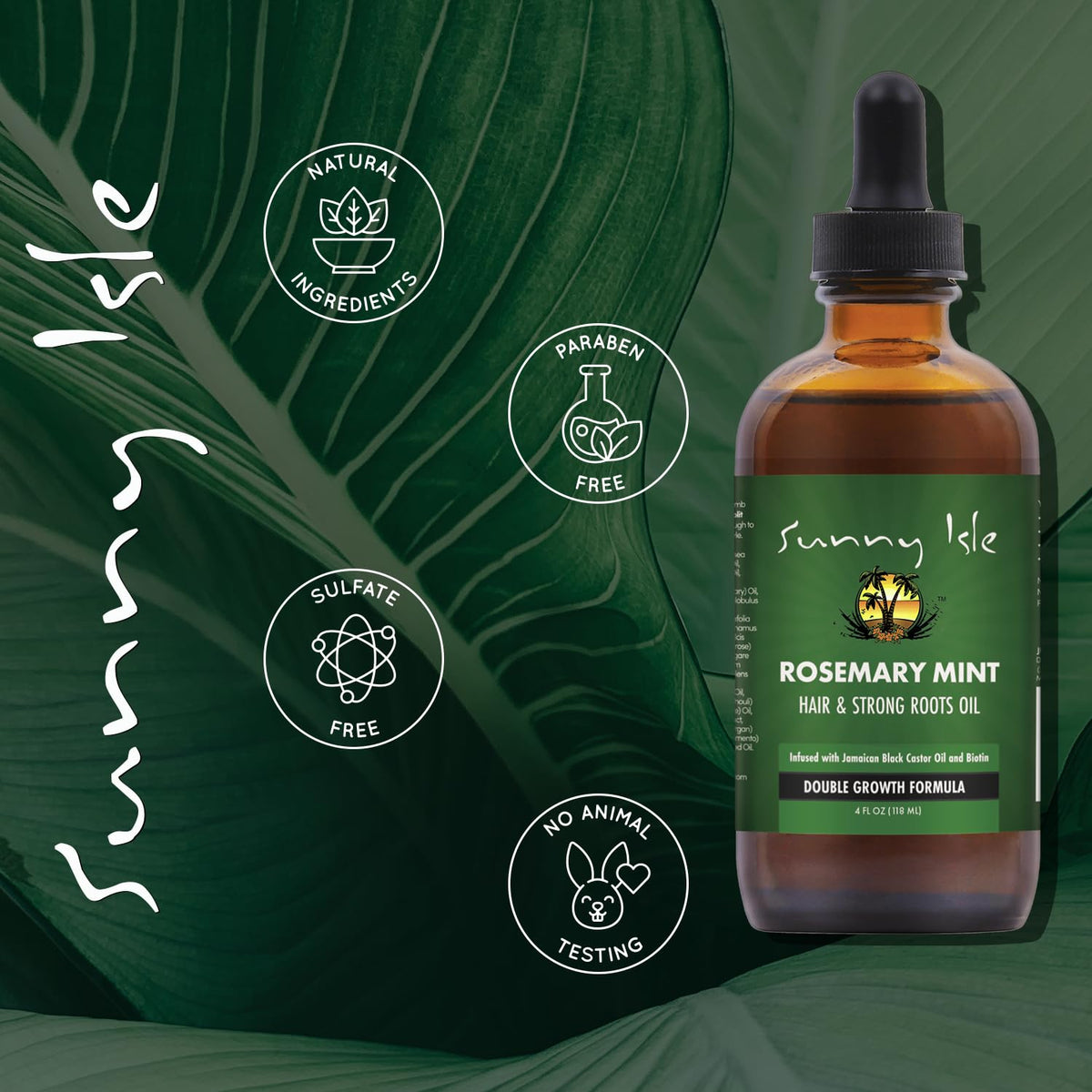Sunny Isle 4oz bottle in palm showing actual product size