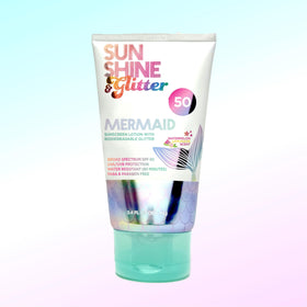 Sunshine & Glitter back label with ingredients, SPF details, and usage instructions