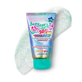 Sunshine & Glitter tube in a beach scene showing family-friendly sun protection