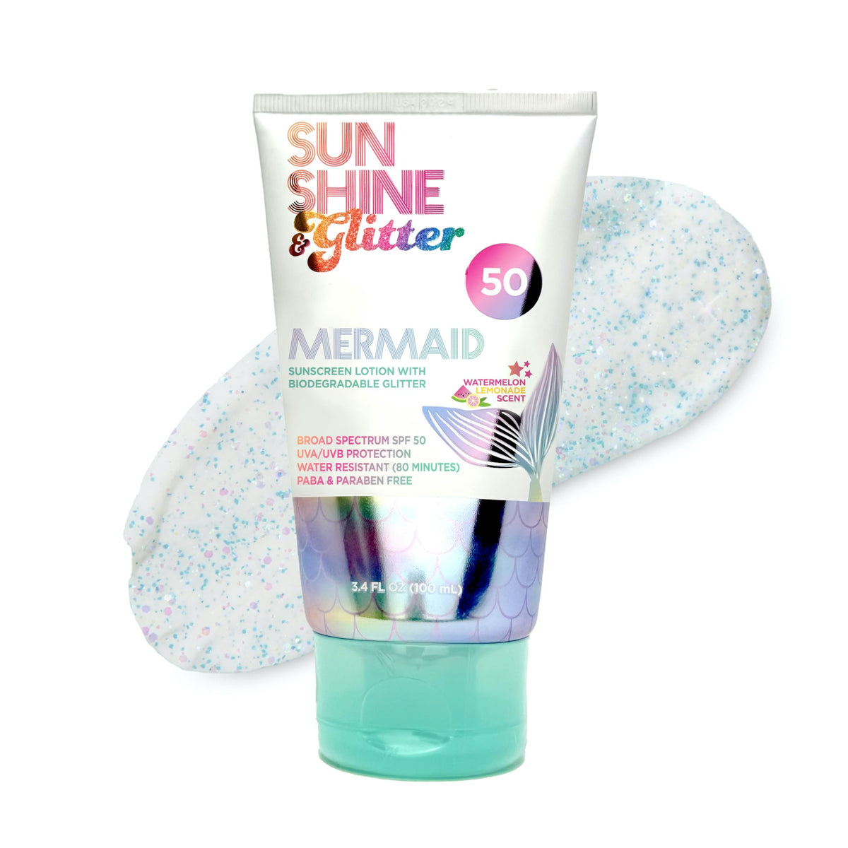 Sunshine & Glitter front tube showing Sea Star Sparkle SPF 50 protection and design