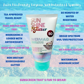 Sunshine & Glitter tube beside sunglasses to show 3.4 oz travel-friendly size