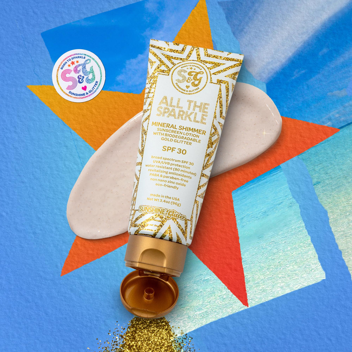 Sunshine & Glitter applied on arm showing radiant shimmer and protection