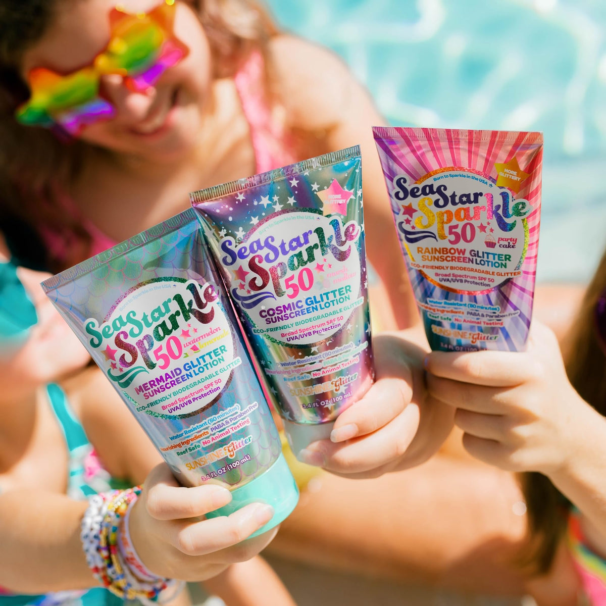 Sunshine & Glitter next to a credit card showing compact 3.4 oz size for packing