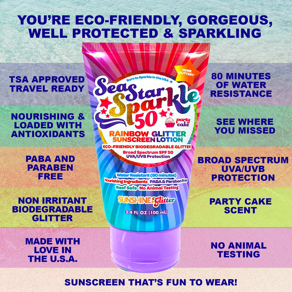 Sunshine & Glitter tube in a travel pouch showing TSA-friendly convenience