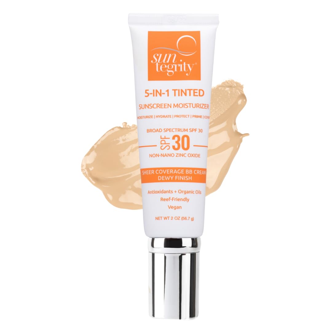 Suntegrity front packaging showing tinted 5-in-1 SPF 30 and light shade benefits