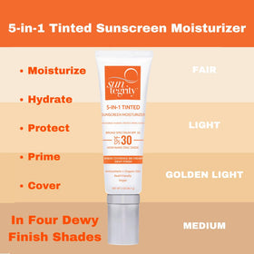 Suntegrity tube beside a 2 oz scale showing travel-friendly size benefit