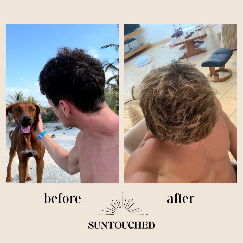 Suntouched before and after on brunette hair showing natural highlights