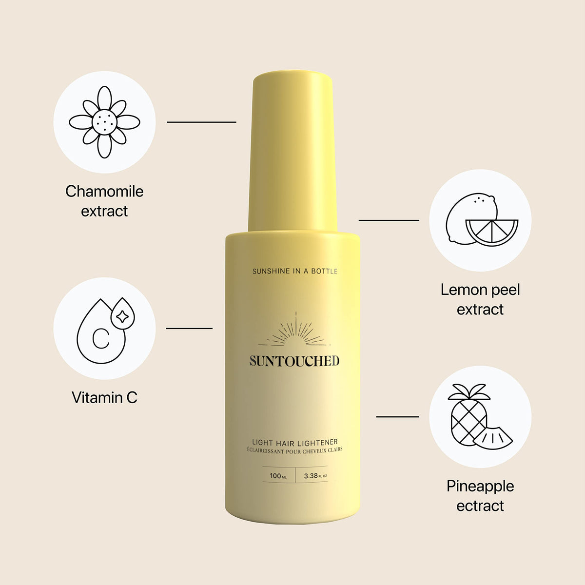Suntouched close-up nozzle and label highlighting easy application benefit