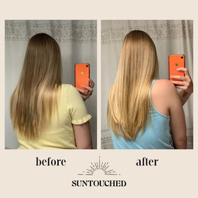 Suntouched size comparison in hand showing travel-friendly 3.38 fl oz benefit