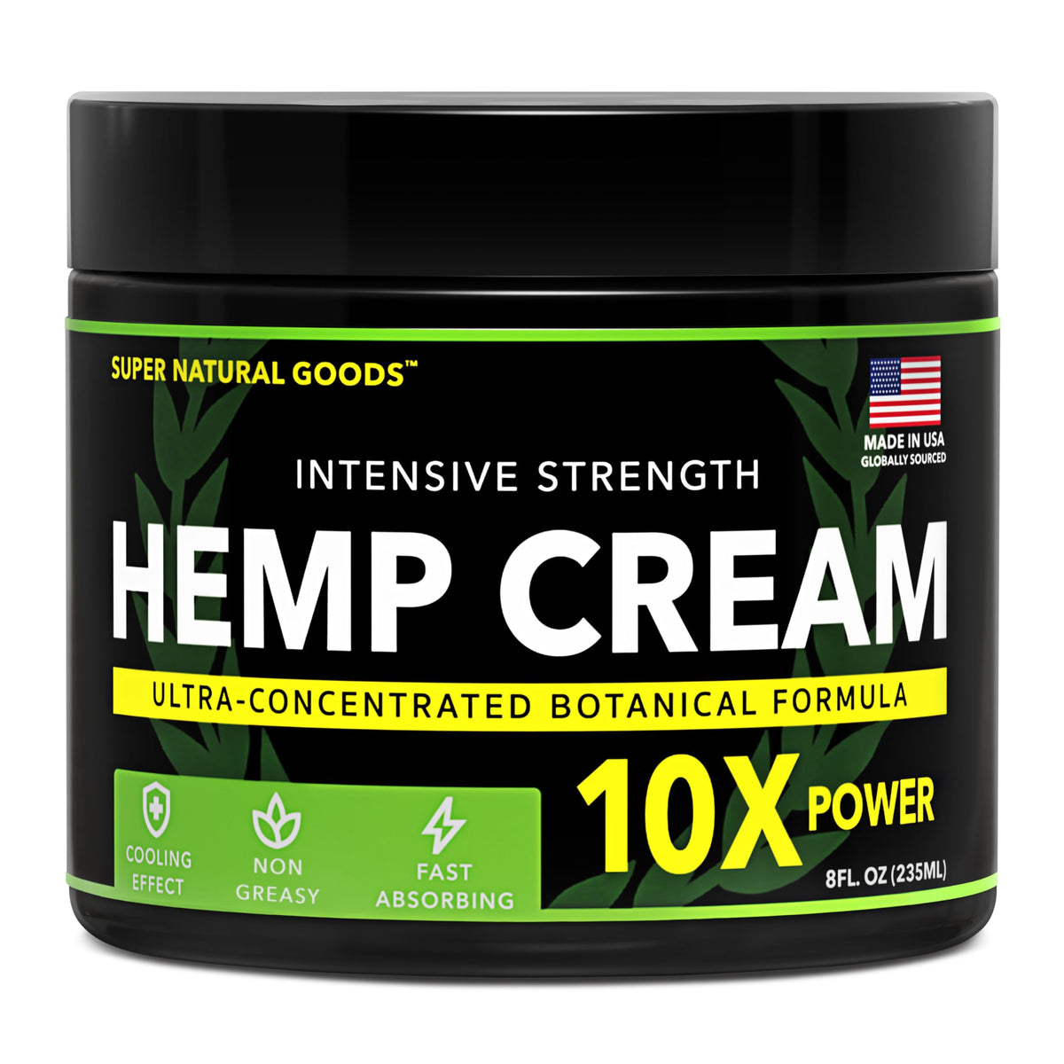 Super Natural Goods hemp cream jar front view showing label and cooling benefit