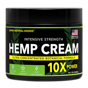 Super Natural Goods hemp cream jar front view showing label and cooling benefit
