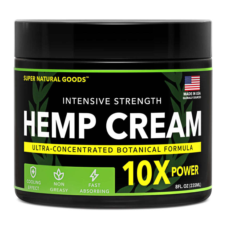 Super Natural Goods hemp cream jar front view showing label and cooling benefit