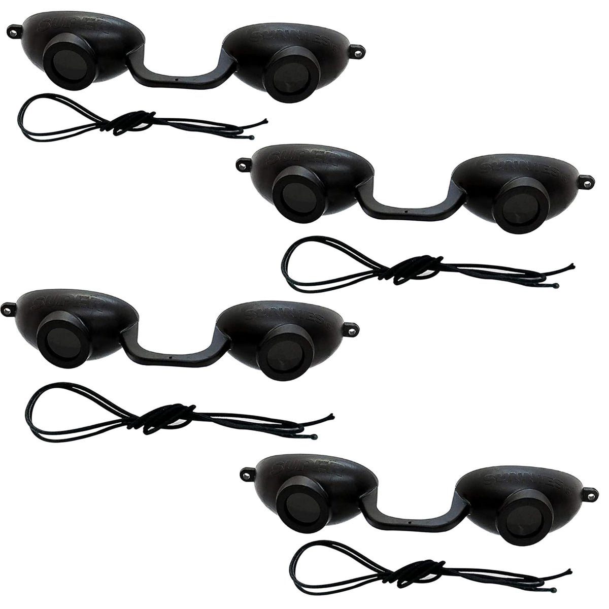 Super Sunnies front view showing slim black goggles protecting eyes comfortably