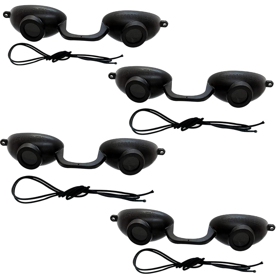 Super Sunnies front view showing slim black goggles protecting eyes comfortably