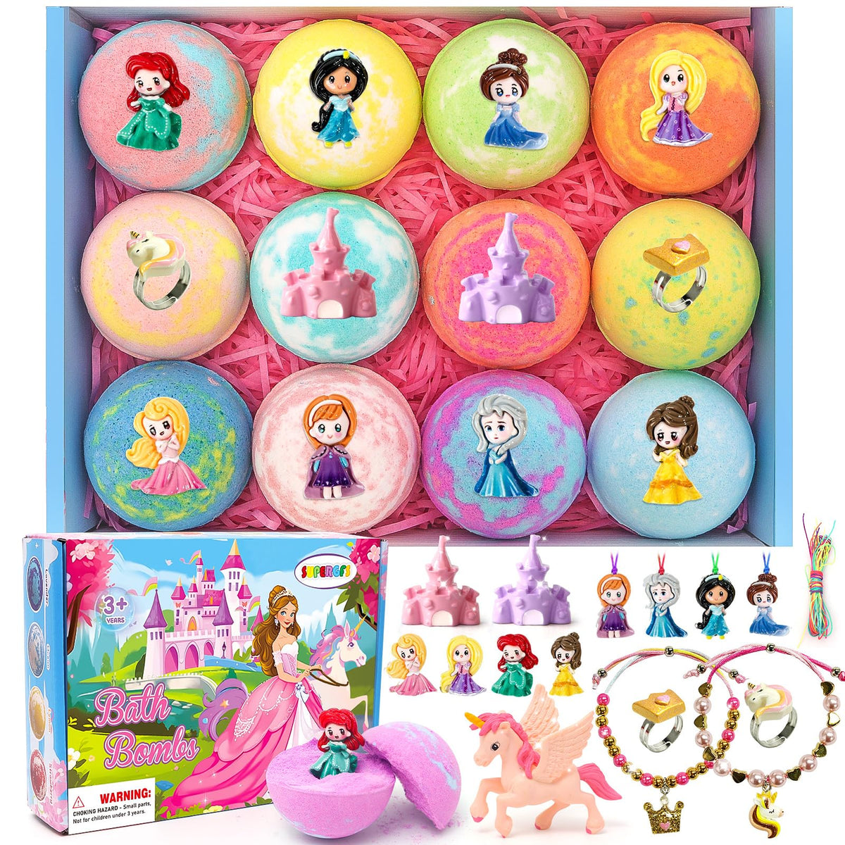 SUPERGFS front packaging showing 12 bath bombs and colorful gift box benefit surprise gifts