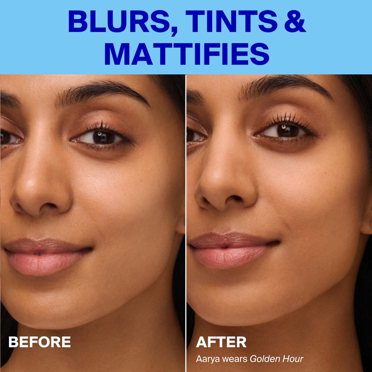 Supergoop! before and after showing reduced shine and minimized pores