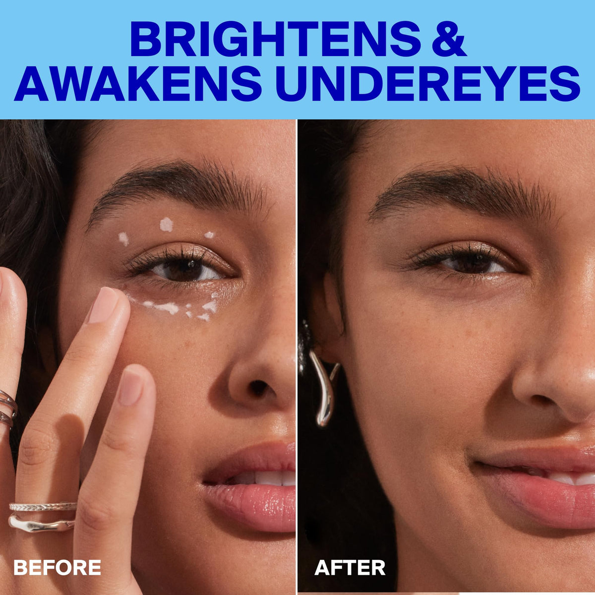 Supergoop! before and after under-eye showing visible brightening and reduced shadow