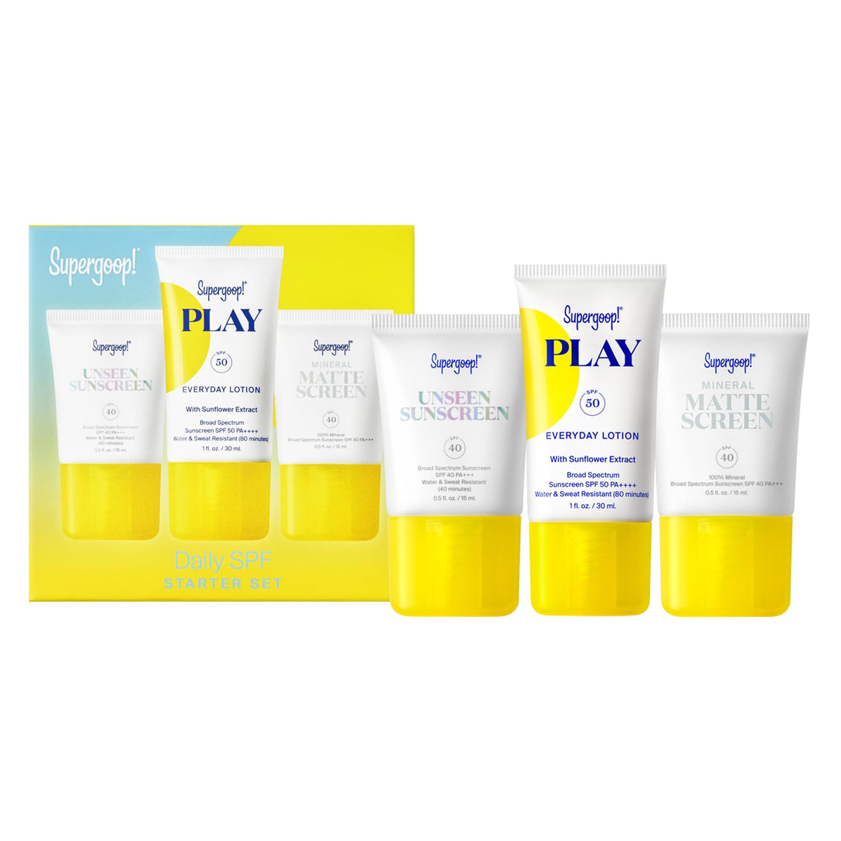 Supergoop! starter kit flatlay showing three travel sunscreens and easy daily protection