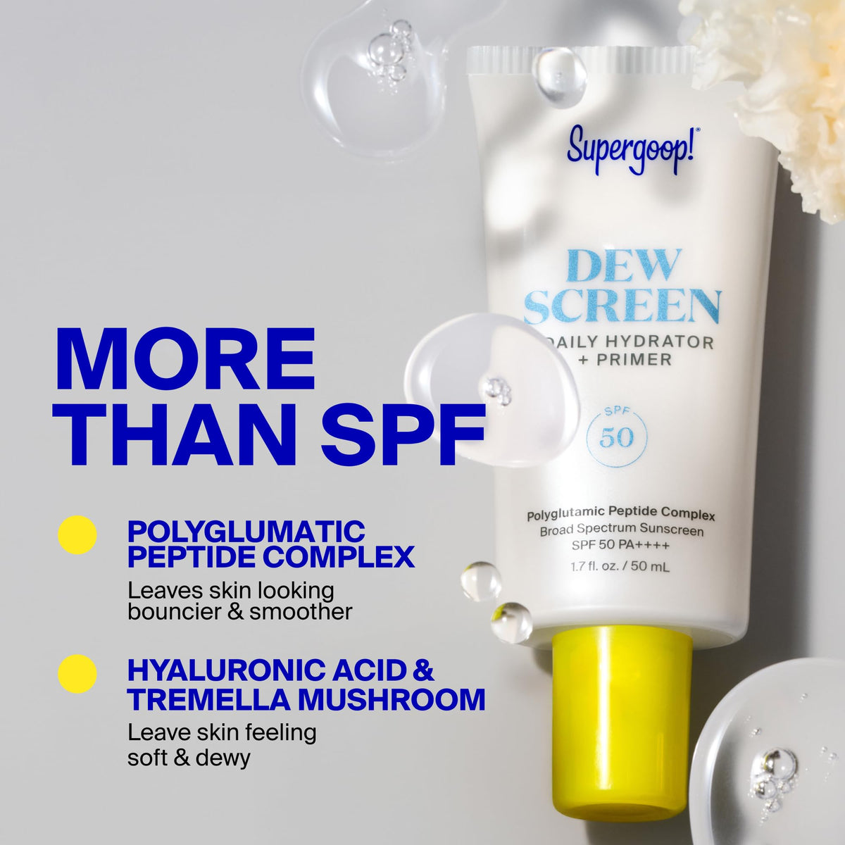 Supergoop! Dewscreen label detail highlighting fragrance-free formulation