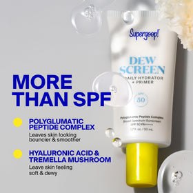 Supergoop! Dewscreen label detail highlighting fragrance-free formulation