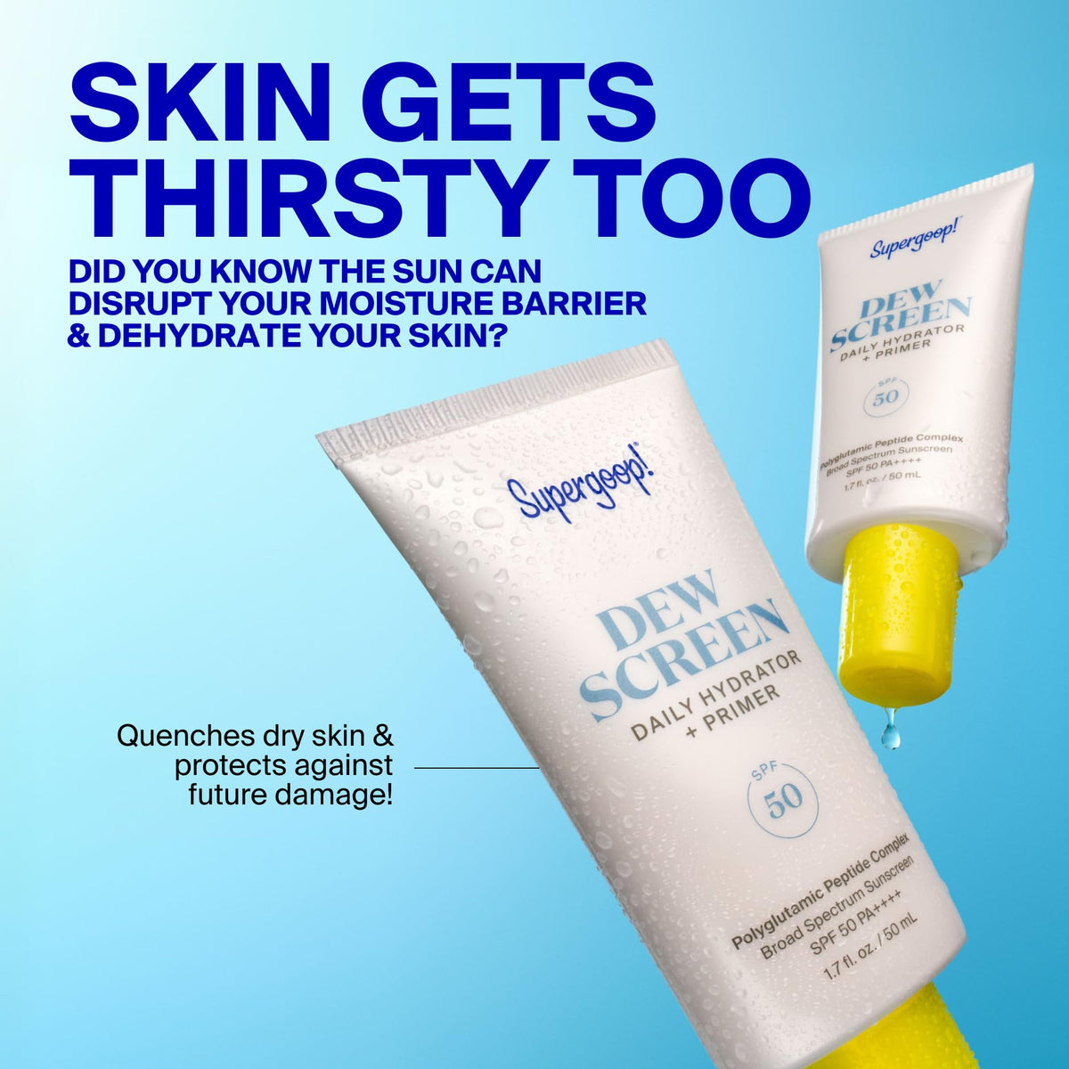 Supergoop! Dewscreen next to sunglasses showing travel-friendly size