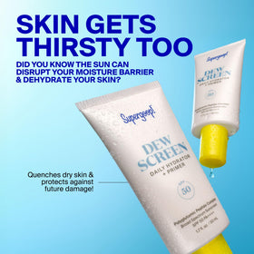 Supergoop! Dewscreen next to sunglasses showing travel-friendly size