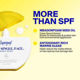 Supergoop! being blended on cheek to show seamless, no-white-cast finish