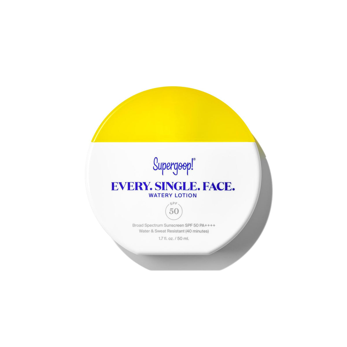 Supergoop! front packaging showing SPF 50 for easy identification and travel convenience