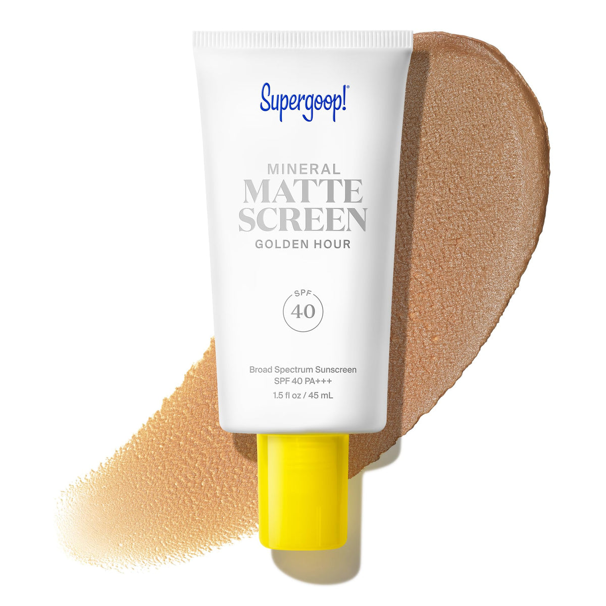 Supergoop! front tube showing product branding and SPF benefit