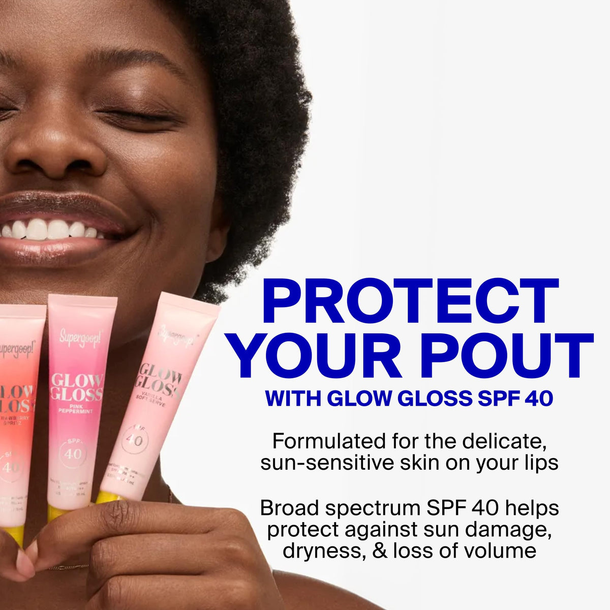 Supergoop! application on model lips showing high-shine finish and natural plump look