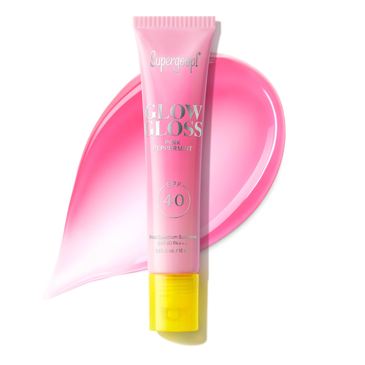 Supergoop! front packaging showing glossy SPF 40 lip balm and benefits