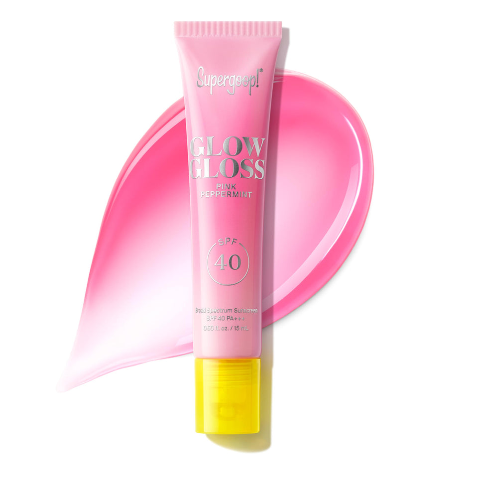 Supergoop! front packaging showing glossy SPF 40 lip balm and benefits