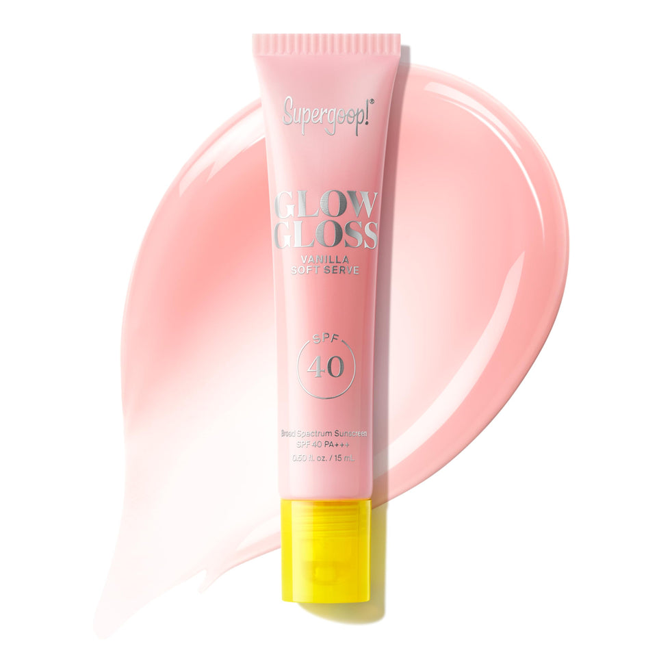 Supergoop! front packaging showing glossy SPF tube and label benefit