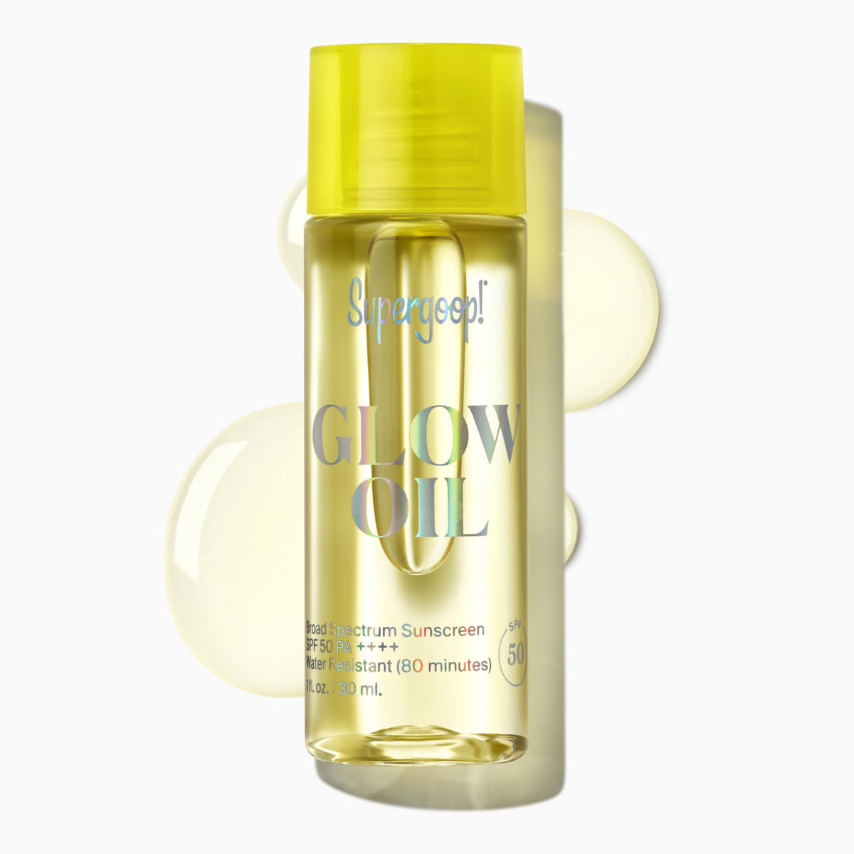 Supergoop! bottle front packaging showing SPF 50 and glow benefits