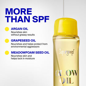 Supergoop! bottle next to a ruler to show 1 fl oz travel-friendly size
