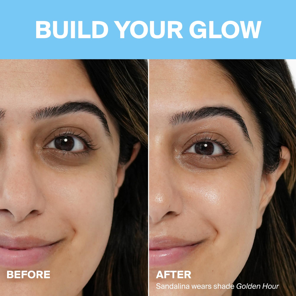 Supergoop! Glowscreen applied to cheek showing instant sunkissed highlight