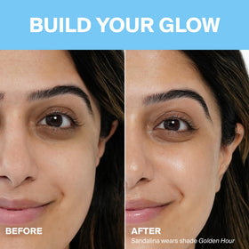 Supergoop! Glowscreen applied to cheek showing instant sunkissed highlight