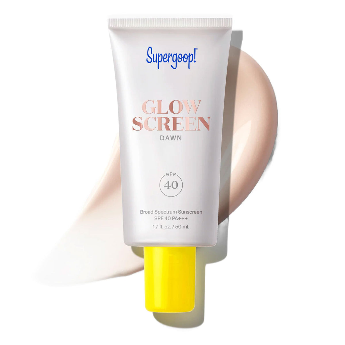 Supergoop! Glowscreen front tube showing Dawn pink pearl tint and SPF 40 benefit
