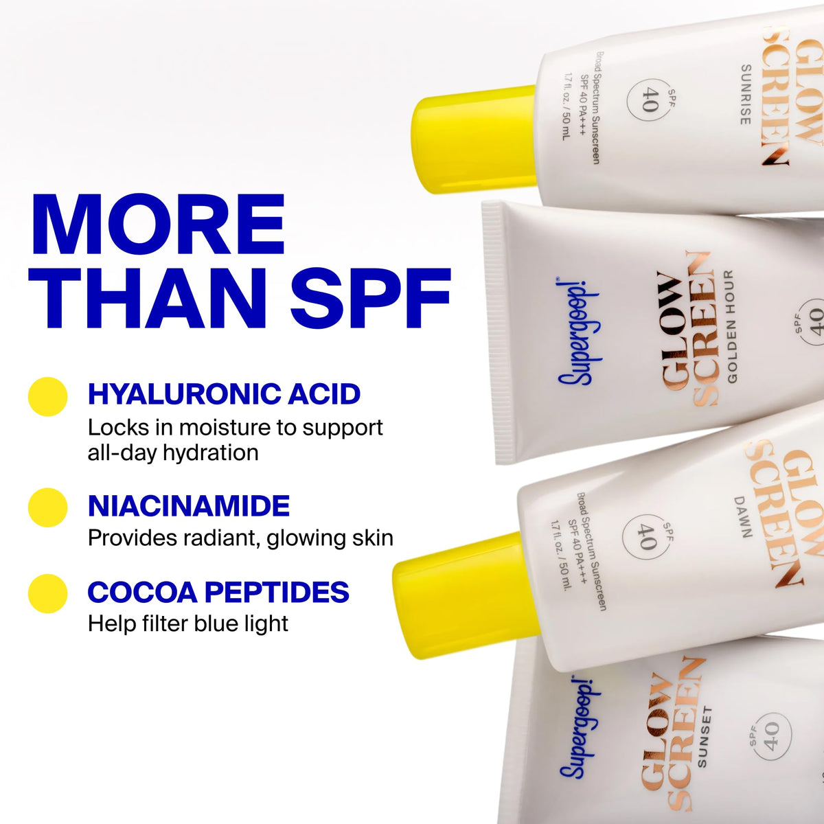Supergoop! Glowscreen ingredient focus on hyaluronic acid for hydration benefit