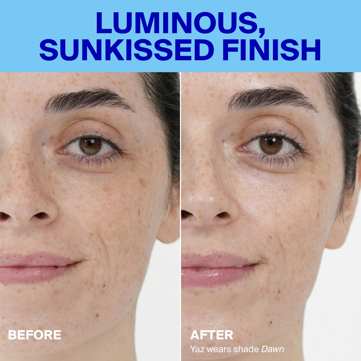 Supergoop! Glowscreen worn on model closeup demonstrating dewy, primed skin look