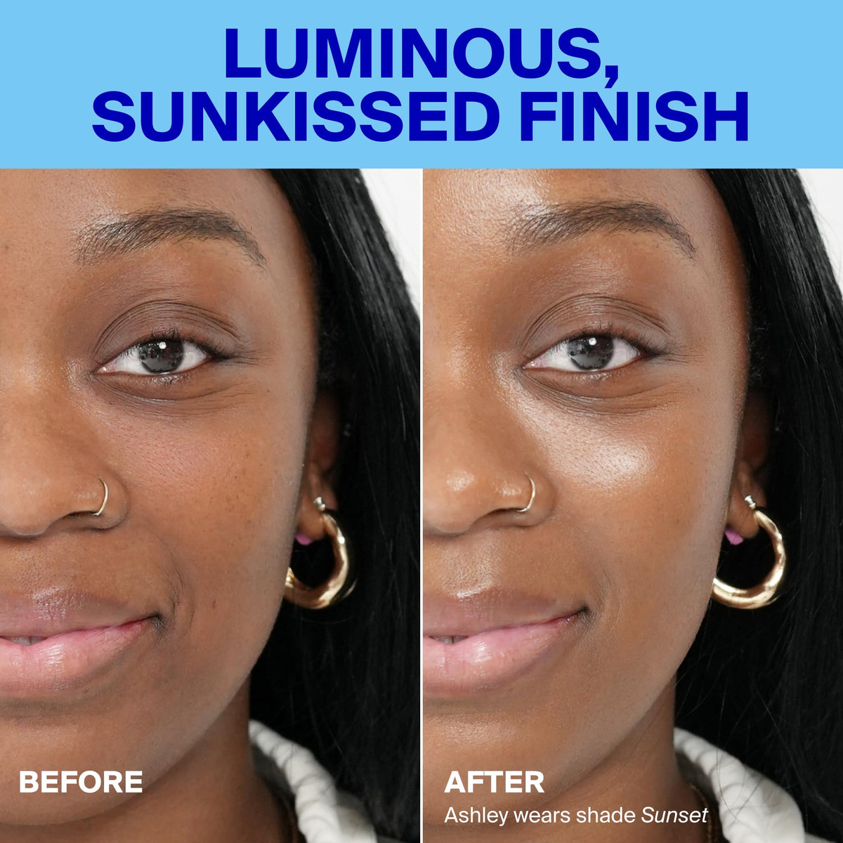 Supergoop! skin swatches showing Sunset tint and instant luminous finish