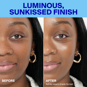 Supergoop! skin swatches showing Sunset tint and instant luminous finish